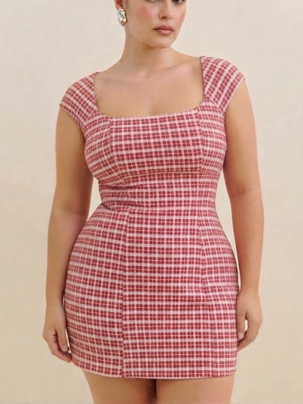 Reformation Xenia Knit Dress Size XL Red White Check Mini Plaid Square-Neck New